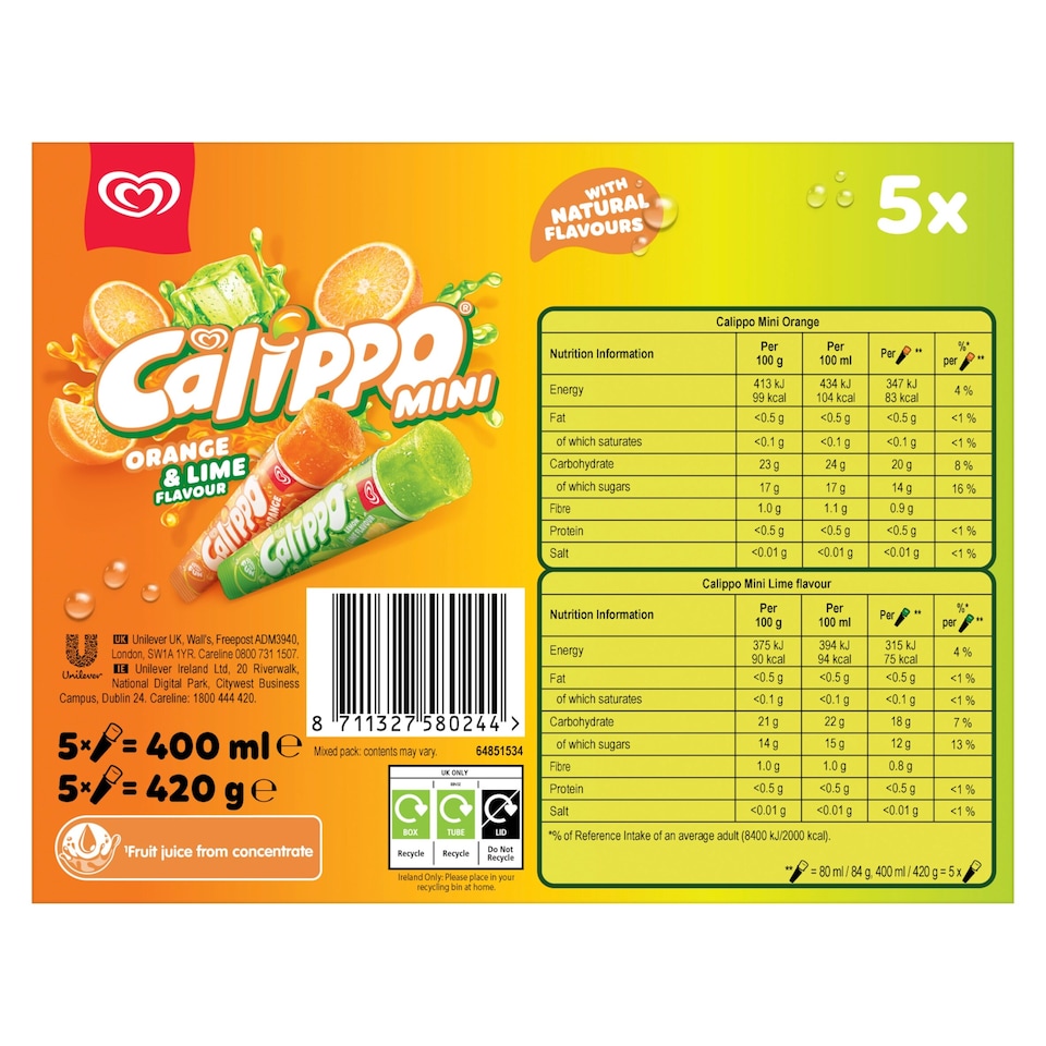 image 1 of Wall's Calippo Mini Orange & Lemon-Lime Ice Lollies 5x80ml