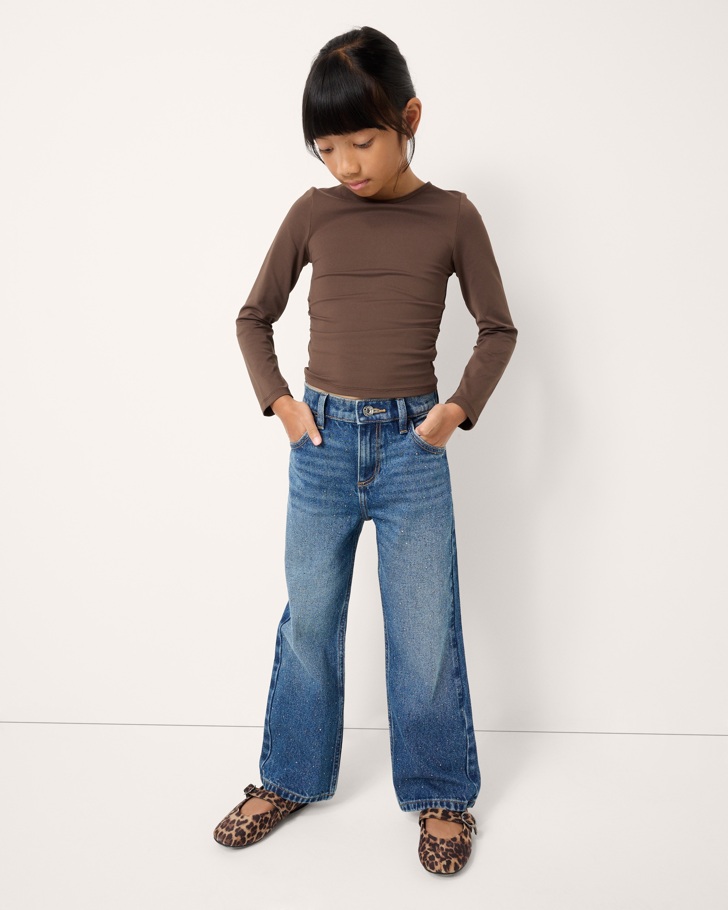F&F Girls Pure Cotton Embellished Wide Leg Jeans in Blue