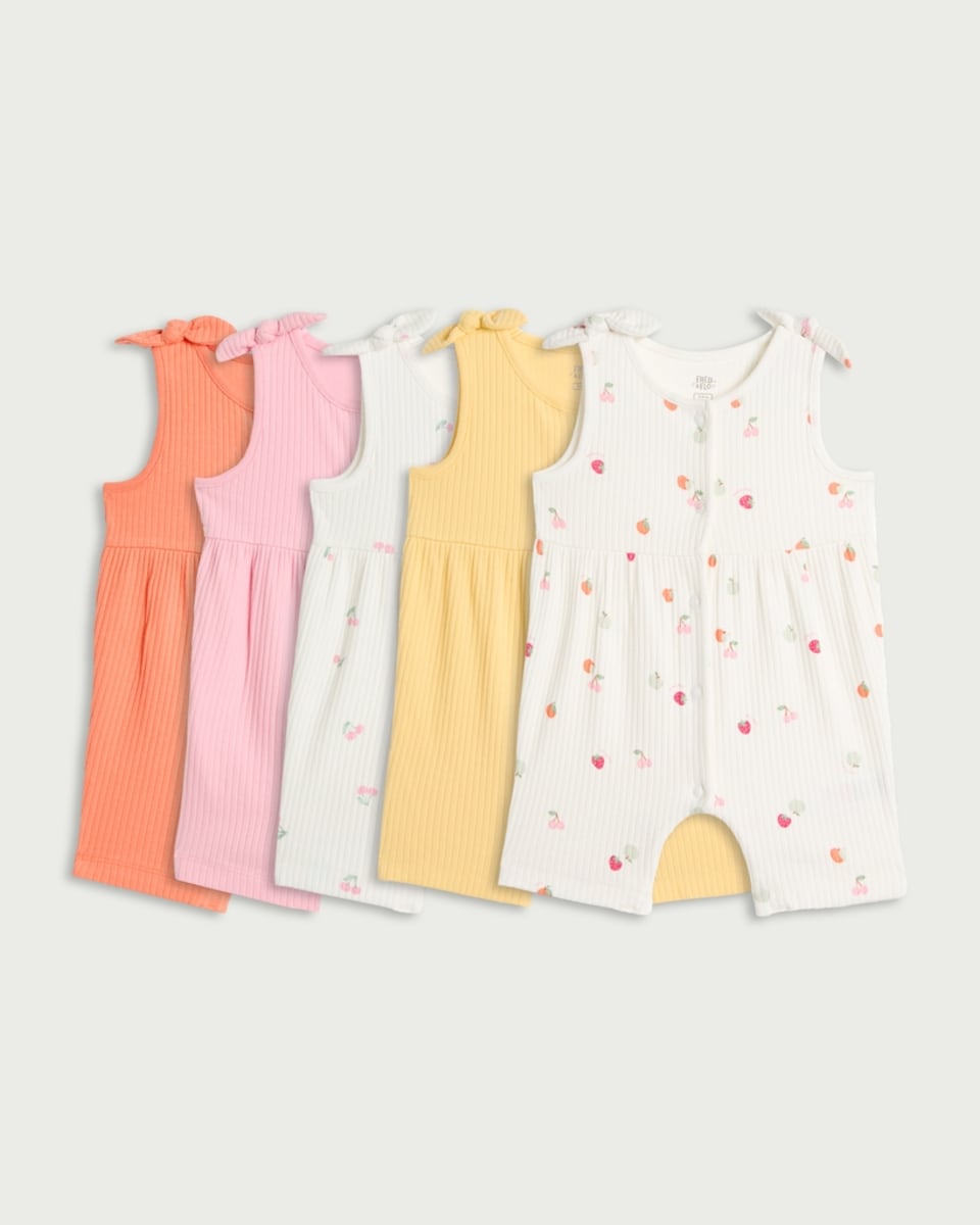 image 1 of F&F Baby 5-Pack Cotton Rich Ribbed Bow Strap Rompers in Multi