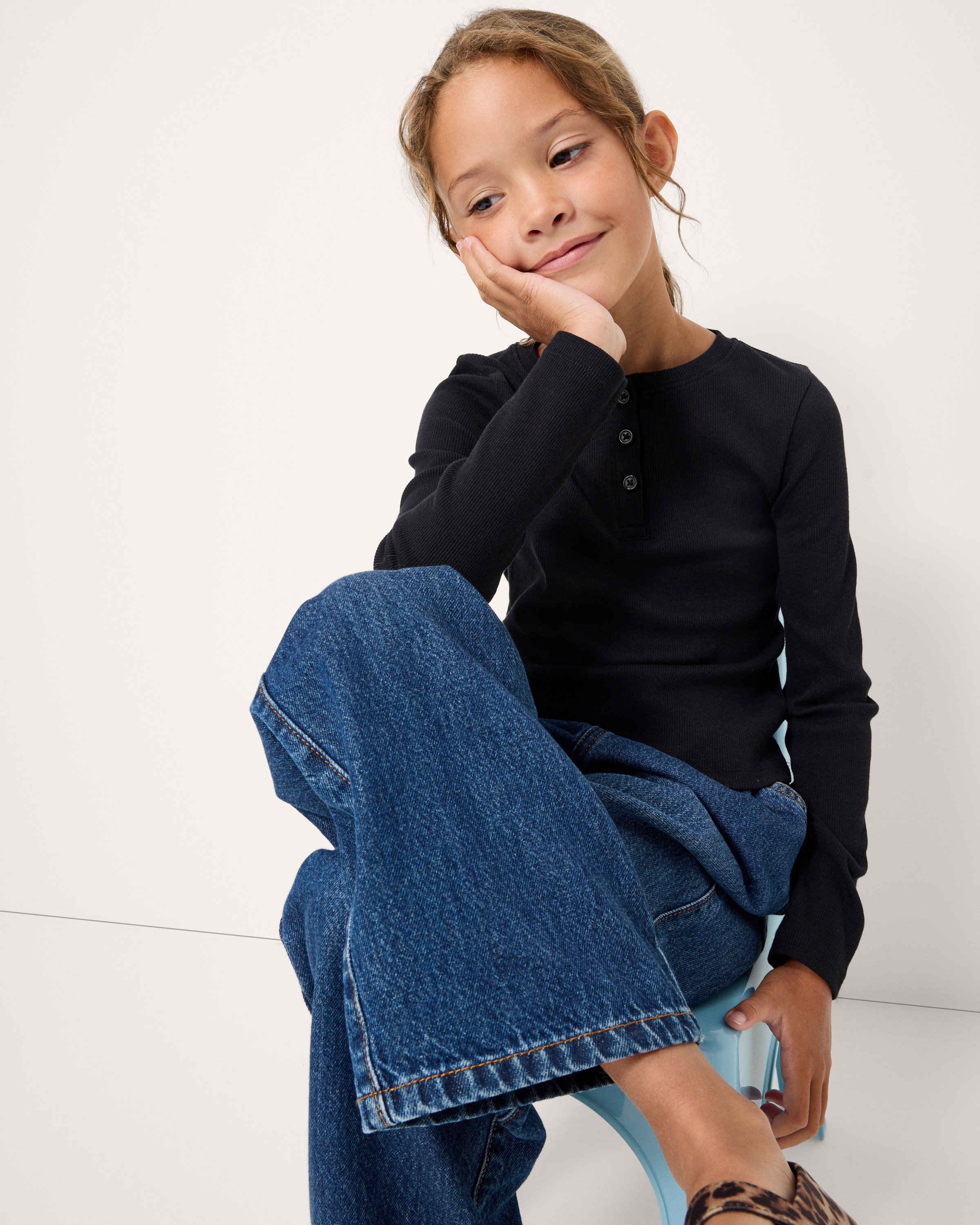 F&F Girls Cotton Rich Ribbed Henley Top in Black