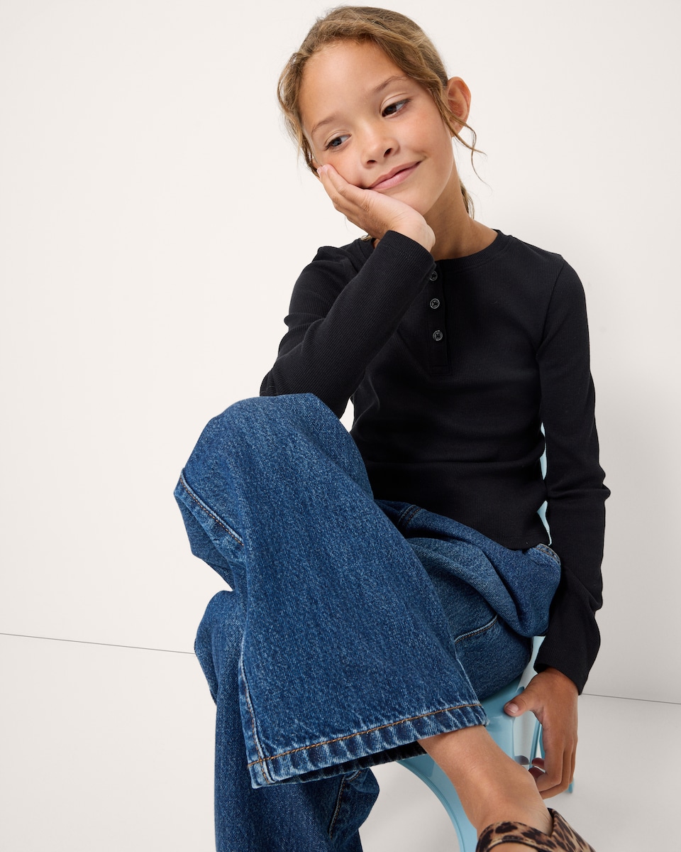 image 1 of F&F Girls Cotton Rich Ribbed Henley Top in Black