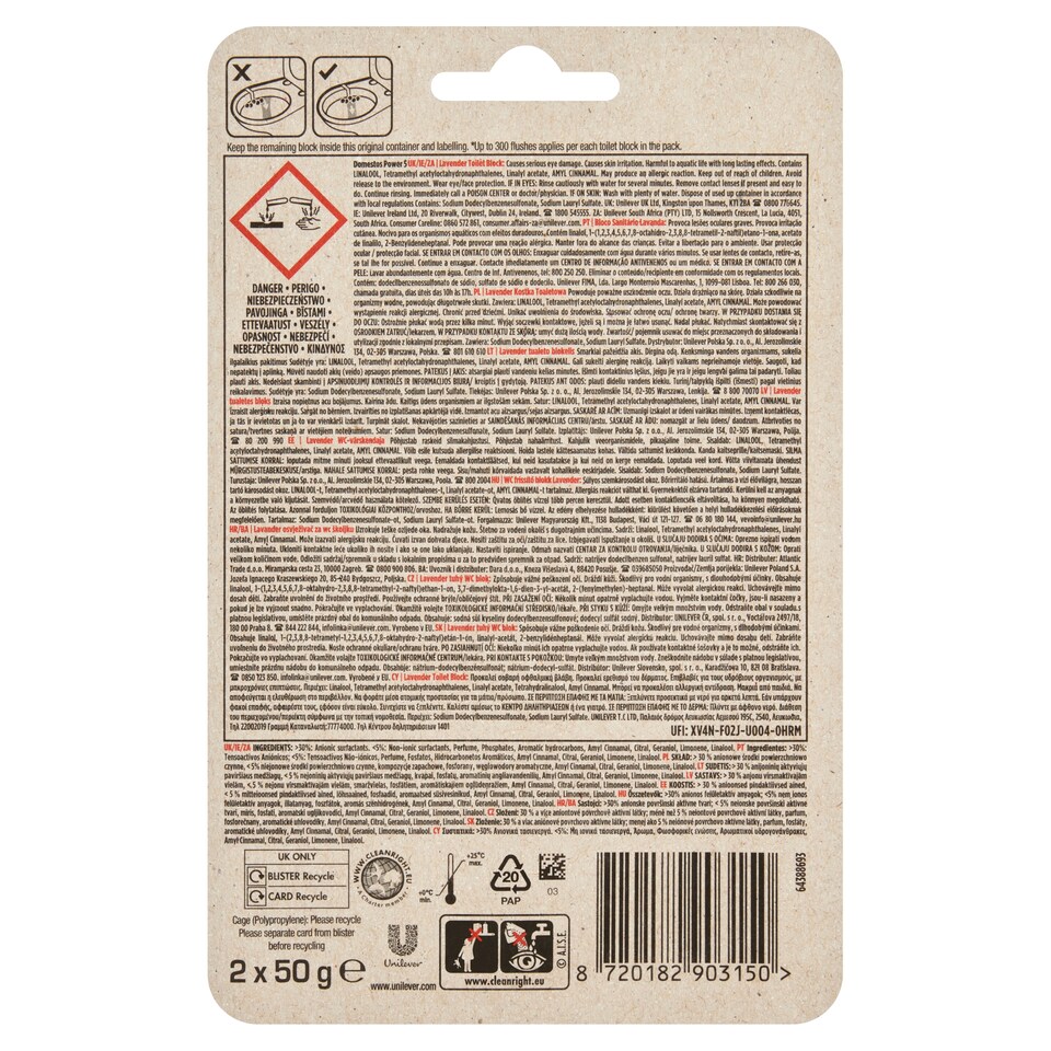 image 1 of Domestos Power 5 Lavender Solid Toilet Block 2 x 50g