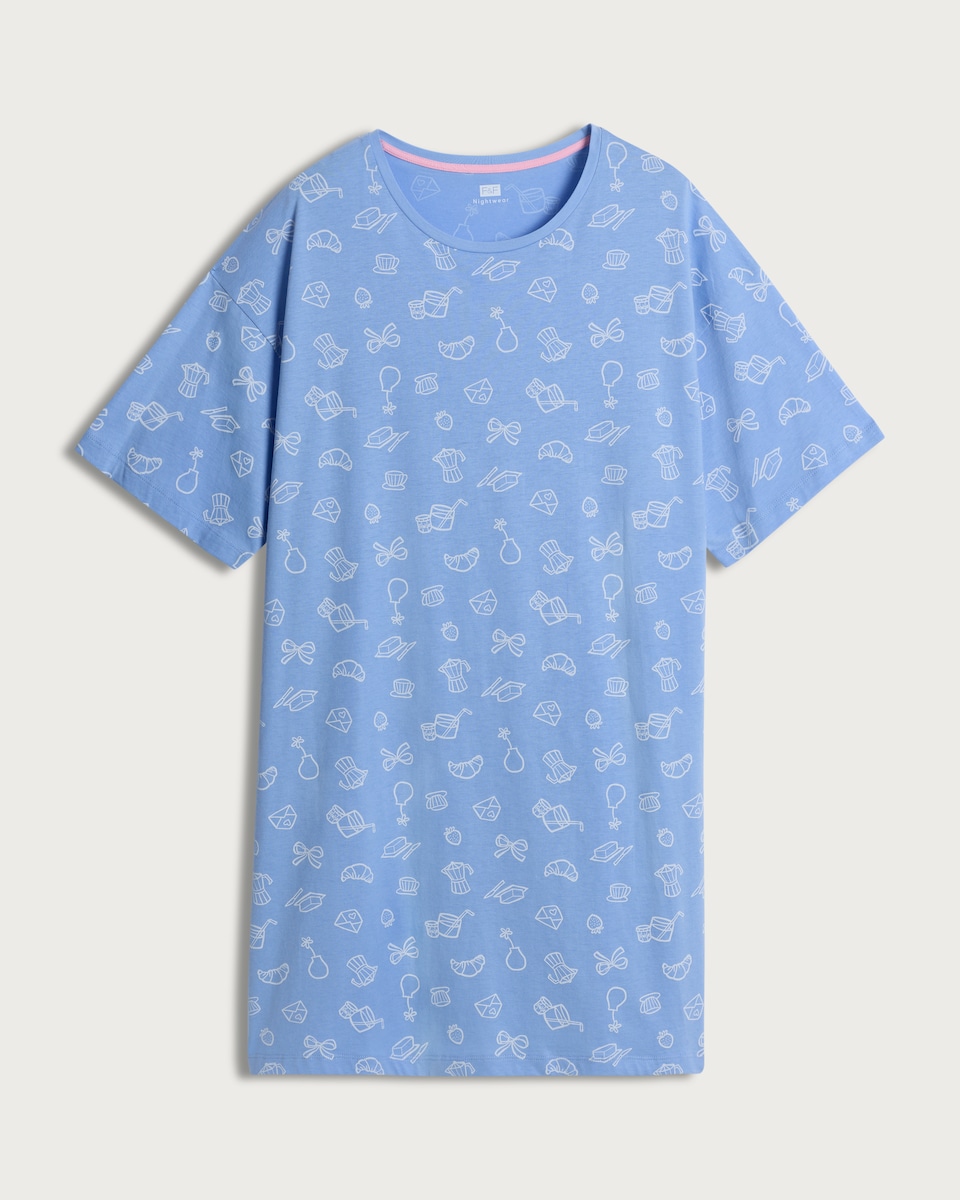 image 1 of F&F Pure Cotton Breakfast Print Nightdress in Blue