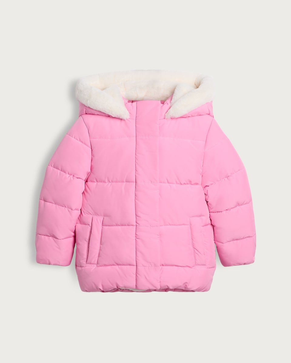image 1 of F&F Girls Fluffy Hood Padded Shower Resistant Jacket in Pink