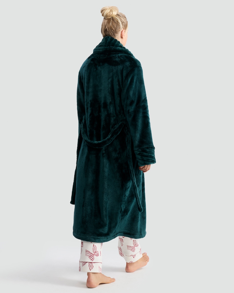 image 1 of F&F Fleece Striped Collared Dressing Gown in Green
