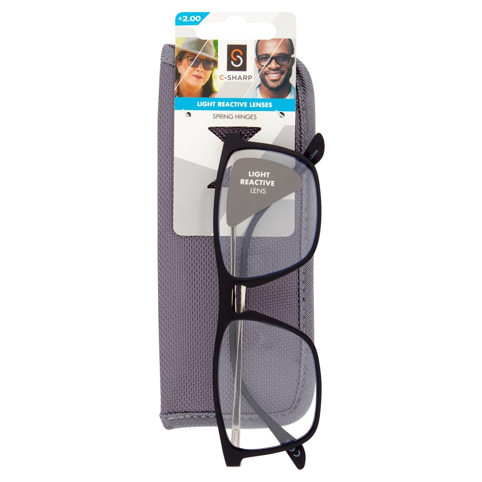 C-Sharp Light Reactive Lenses Reading Glasses & Case +2.0
