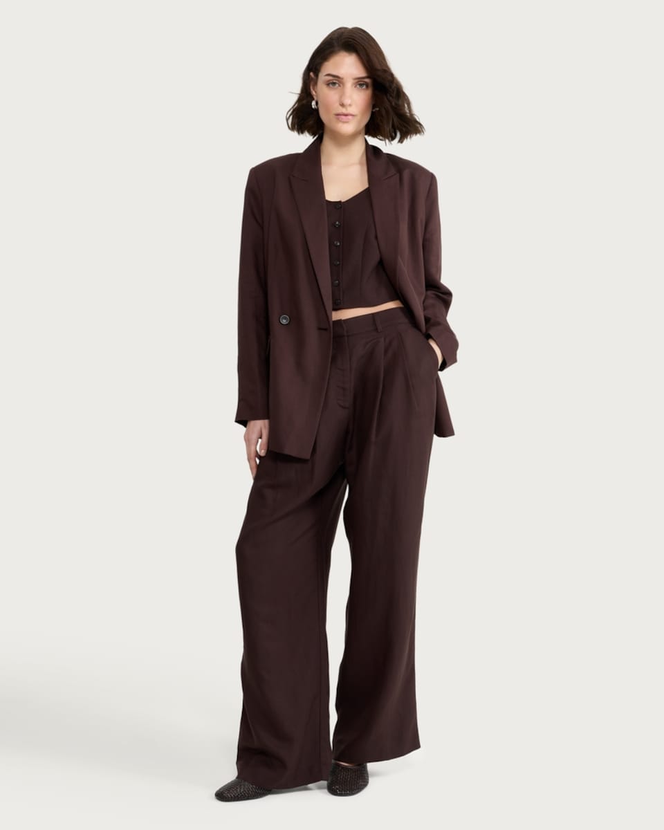 image 1 of F&F Double Breasted Oversized Longline Blazer in Brown