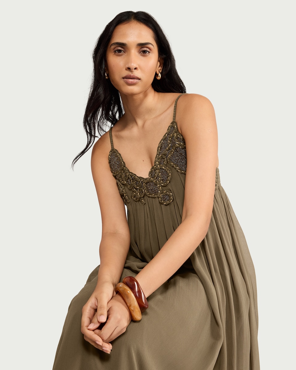 image 1 of F&F Embellished Strappy Midi Dress in Khaki