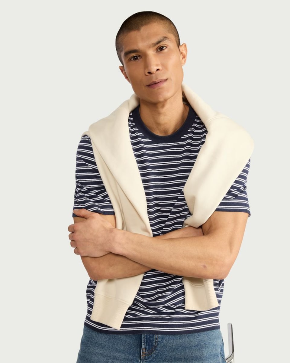 image 1 of The F&F Edit Linen Rich Striped T-Shirt in Navy