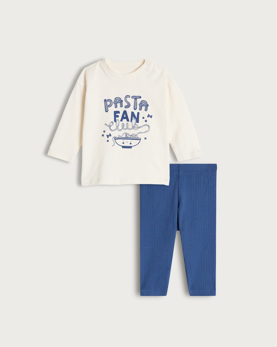 image 1 of F&F Baby 2-Piece Pure Cotton Pasta Fan Club Top and Leggings Set in White