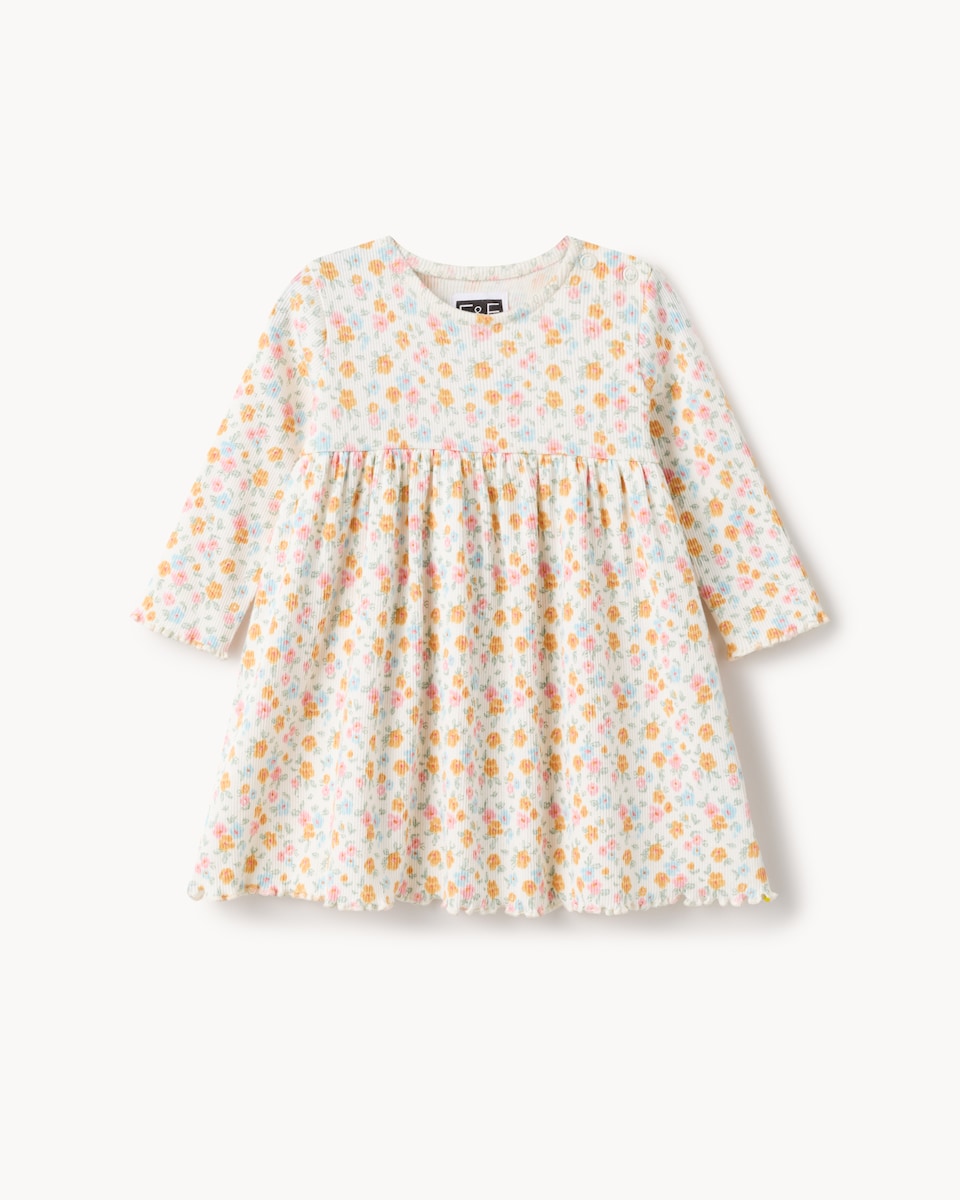 image 1 of F&F Baby Cotton Rich Ribbed Floral Dress in Cream