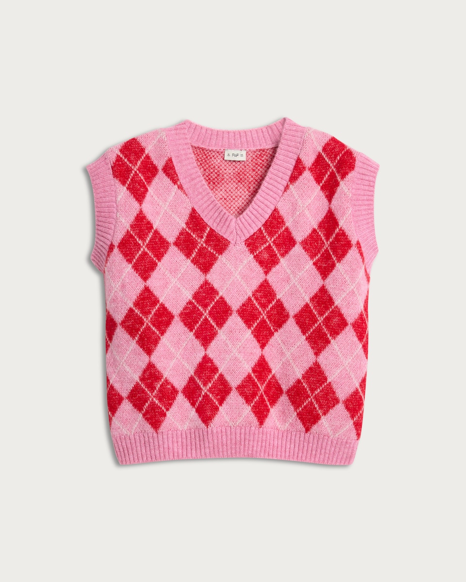 image 1 of F&F Girls Argyle Print V Neck Knitted Vest in Pink