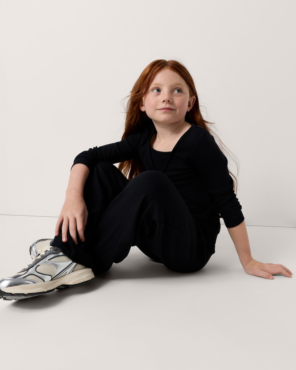 image 1 of F&F Active Girls Ribbed Wrap Top and Trousers Set in Black