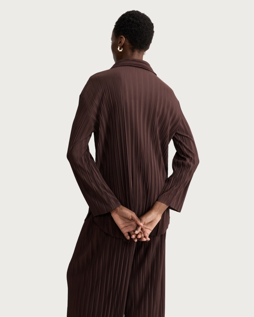 image 1 of F&F Plisse Pleated Button Up Shirt in Chocolate