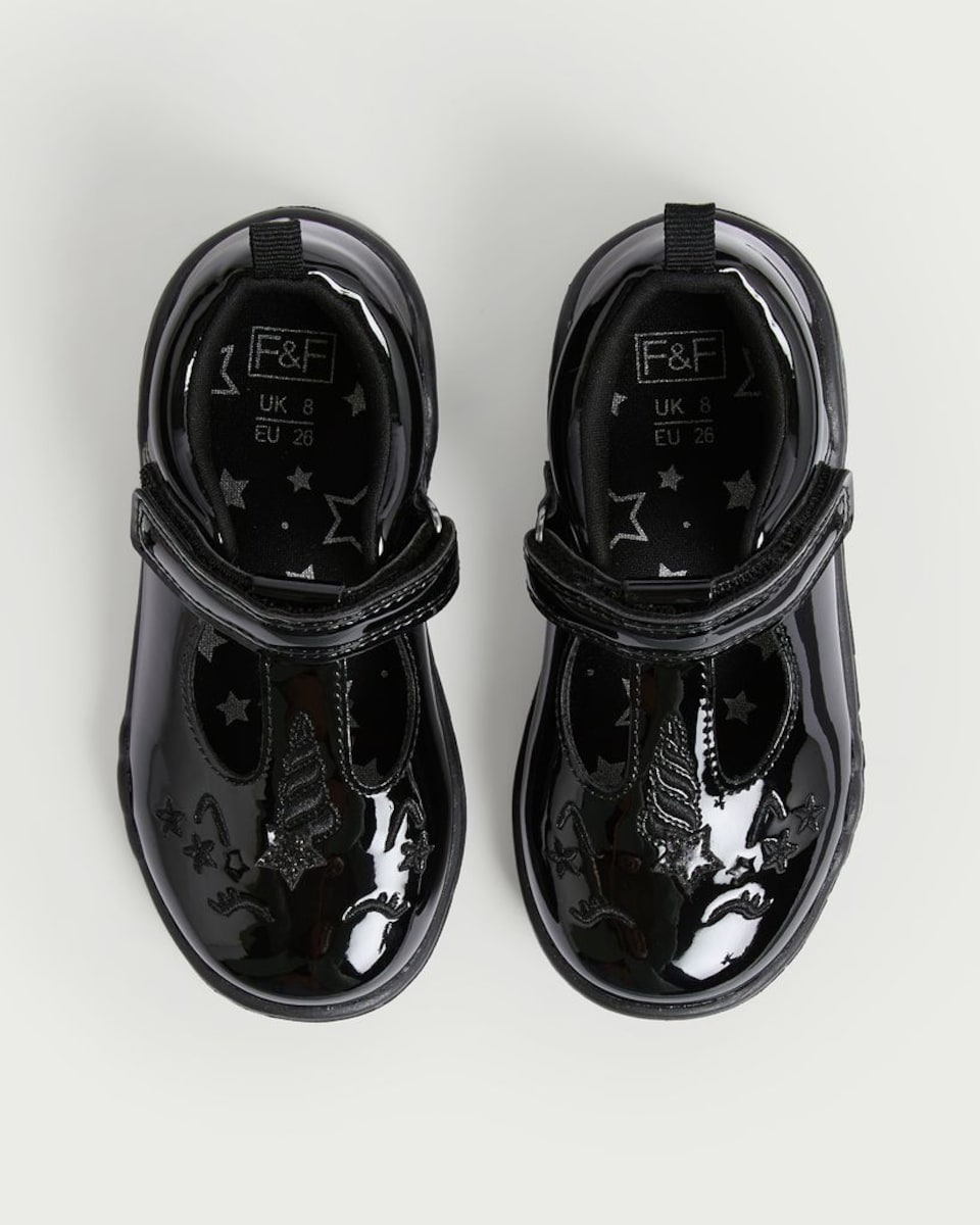 image 1 of F&F School Girls Patent Unicorn Embossed Shoes in Black