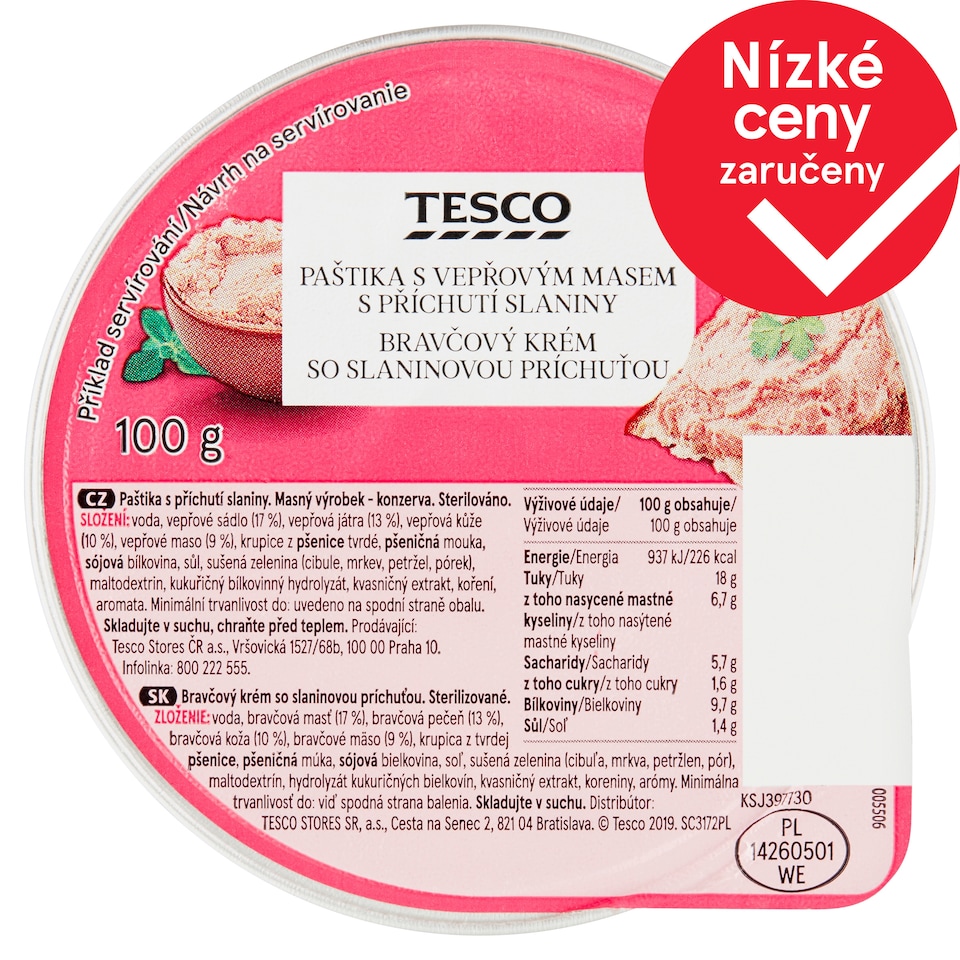 Tesco Paštika s vepřovým masem s příchutí slaniny 100g