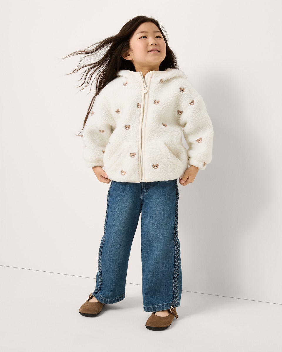 image 1 of F&F Girls Borg Bear Embroidered Hooded Jacket in Cream