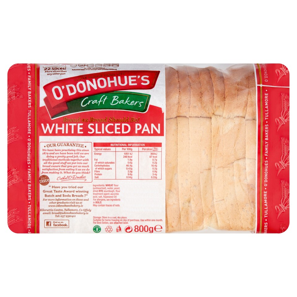 O'donohues Sliced Pan White 750G