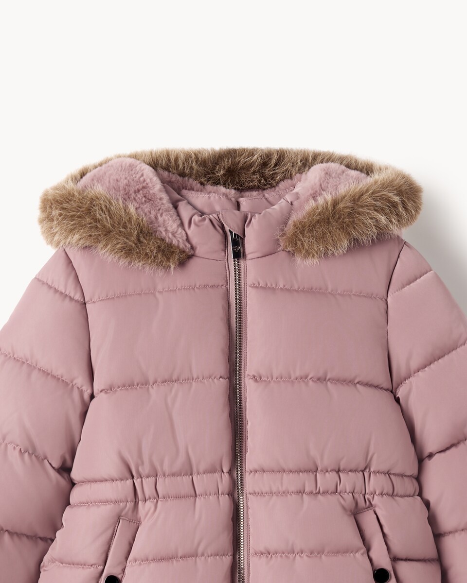 image 1 of F&F Girls Faux Fur Trim Hooded Padded Coat in Pink