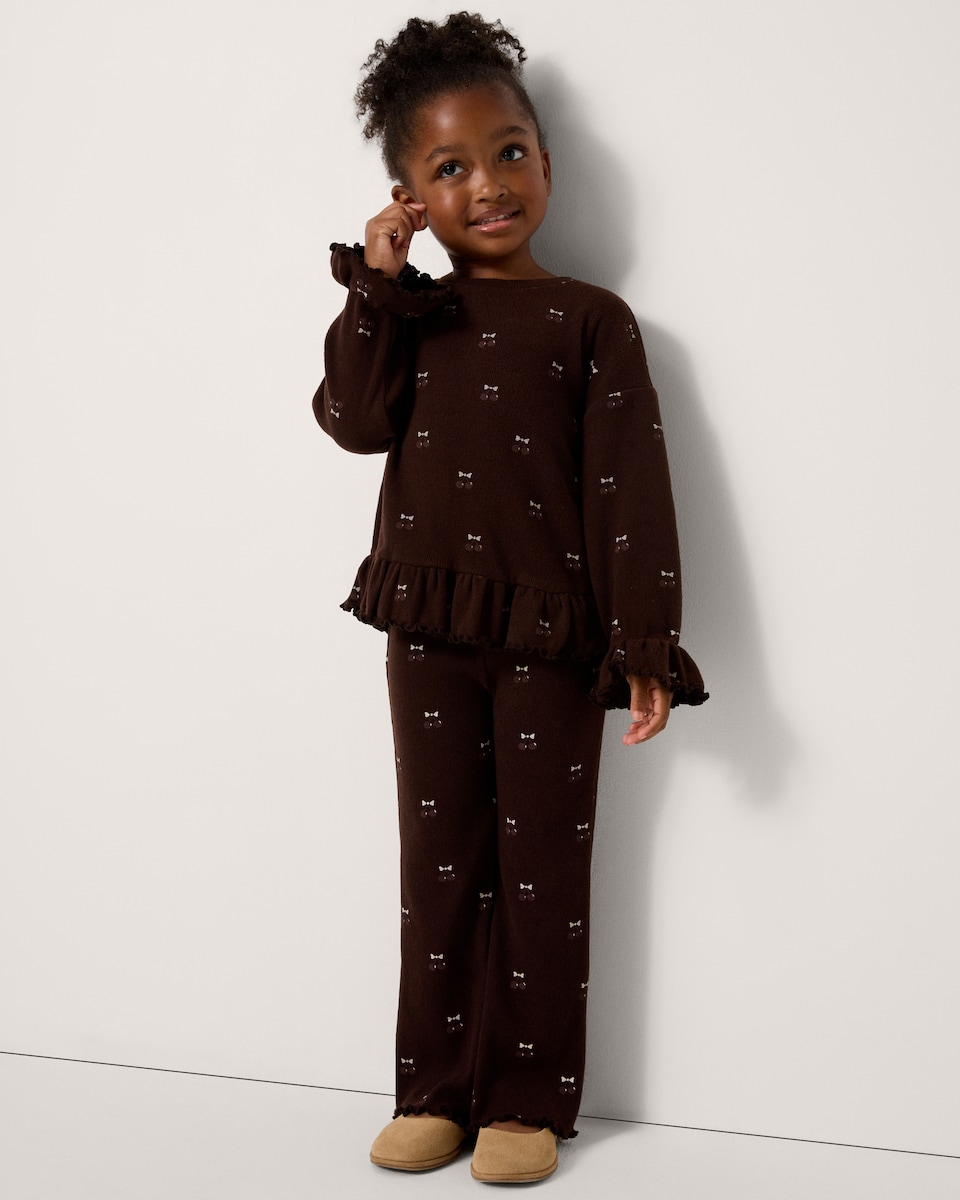 image 1 of F&F Girls Brushed Cherry Top and Flared Leggings Set in Brown