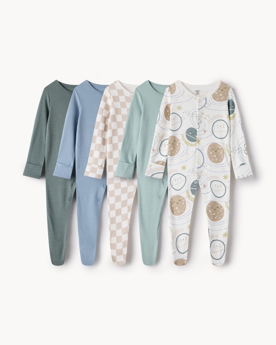 image 1 of F&F Baby 5-Pack Pure Cotton Printed Sleepsuits in Mint