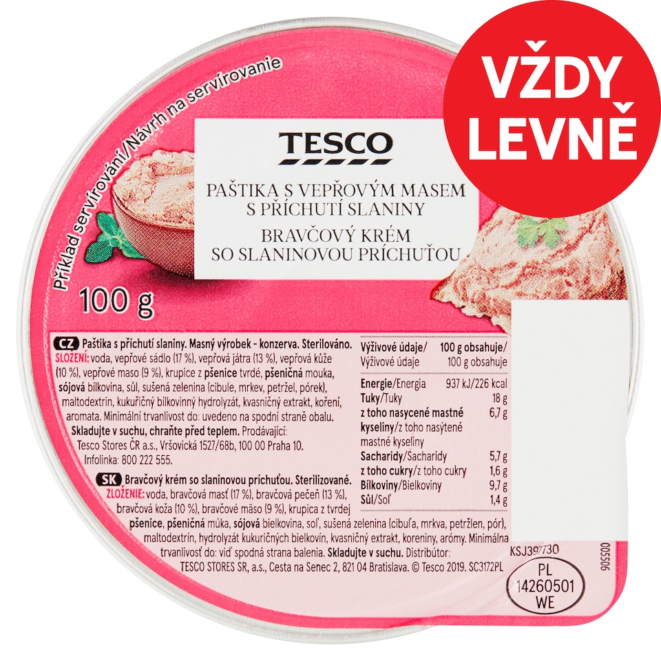 Tesco Paštika s vepřovým masem s příchutí slaniny 100g