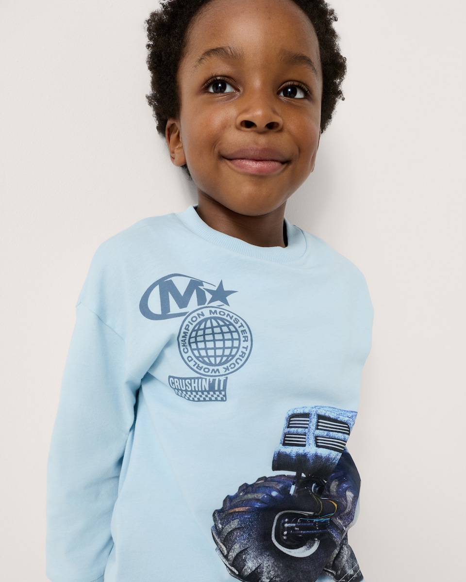 image 1 of F&F Boys Pure Cotton Monster Truck Long Sleeved Top in Blue