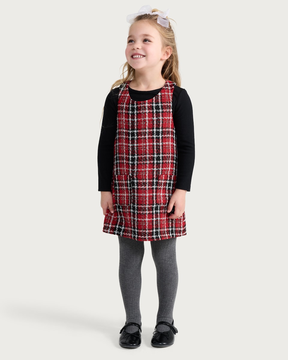 image 1 of F&F Girls 2-Piece Tartan Pinafore Dress and Top Set in Red