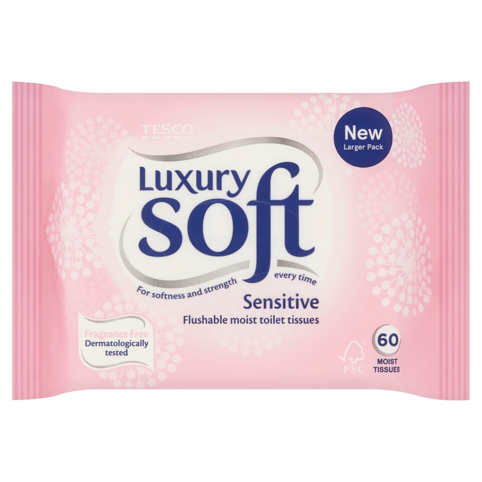 Tesco Luxury Soft 60 Flushable Moist Toilet Tissues Sensitive