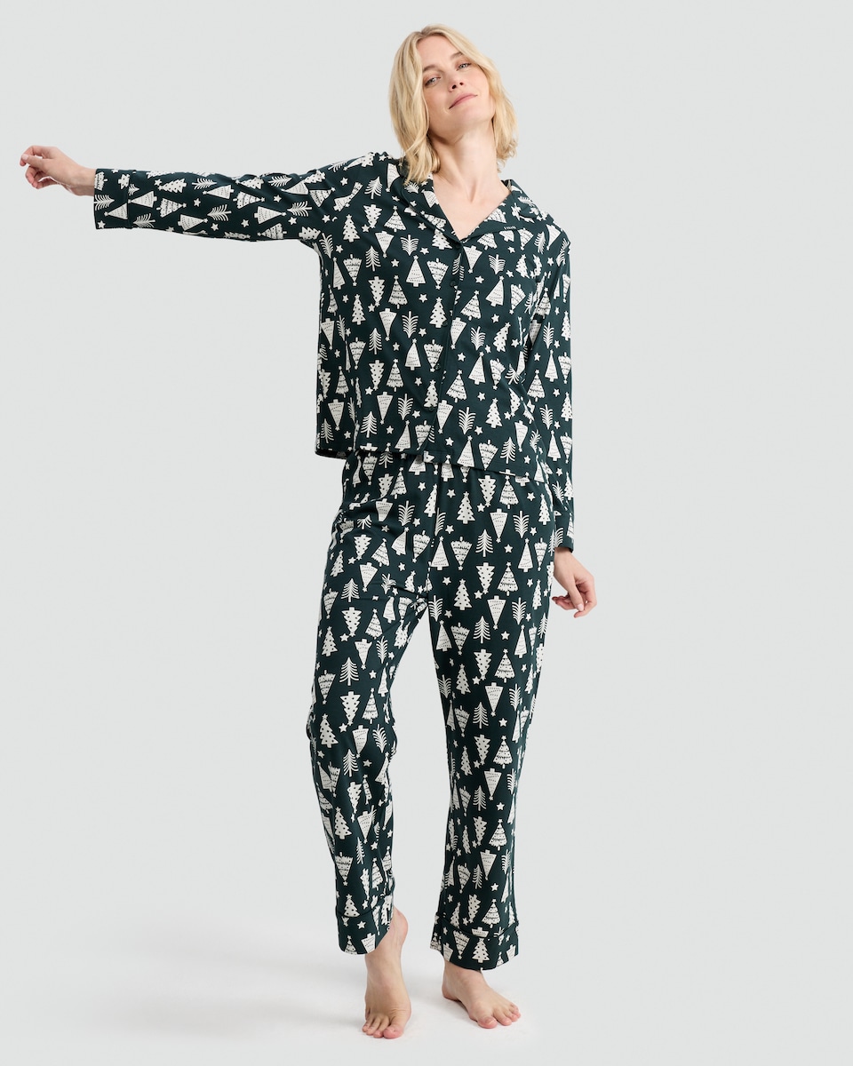 image 1 of F&F Pure Cotton Christmas Tree Print Shirt and Trousers Pyjamas in Green