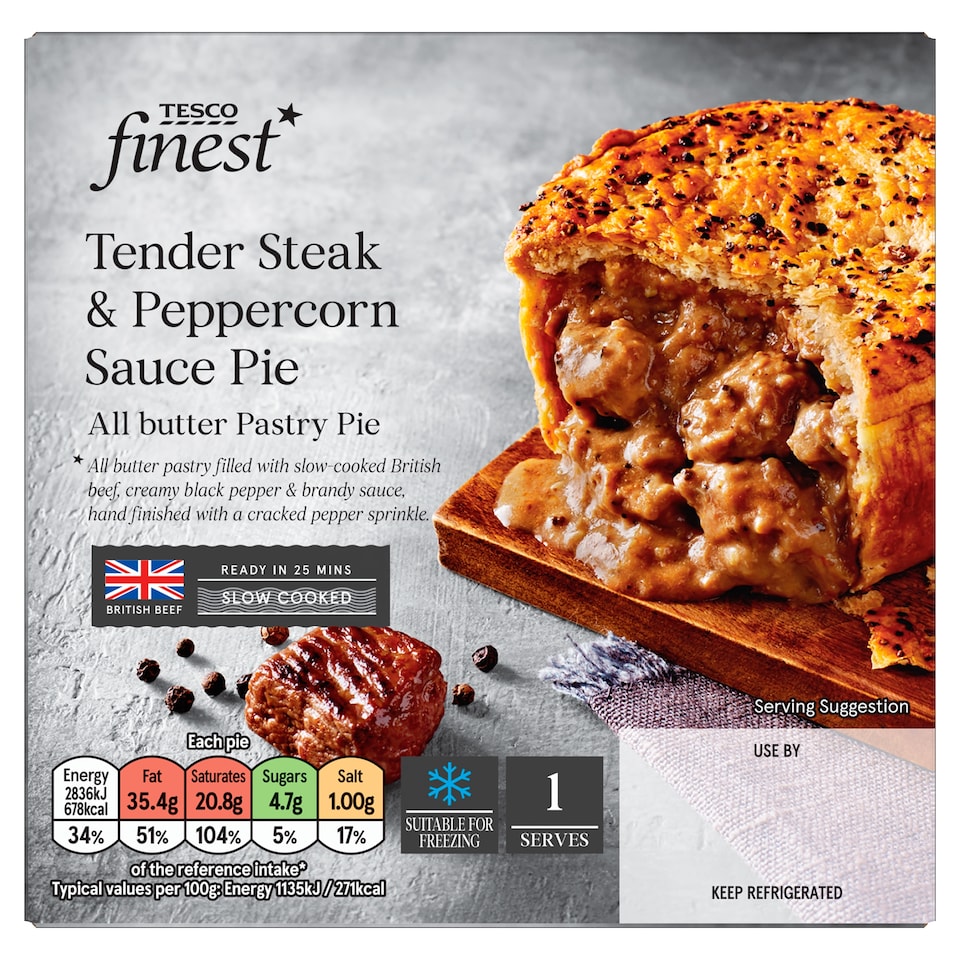 TESCO FINEST TENDER STEAK & PEPPERCORN SAUCE  PIE 250g
