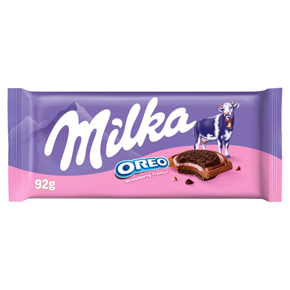 Milka Strawberry Oreo Sandwich čokoláda z alpského mlieka so sušienkami a jahodovou náplňou 92 g