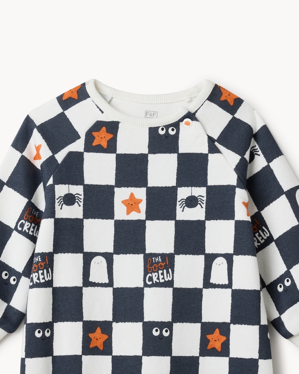 image 1 of F&F Baby Cotton Rich Halloween Boo Crew Sleepsuit in Black