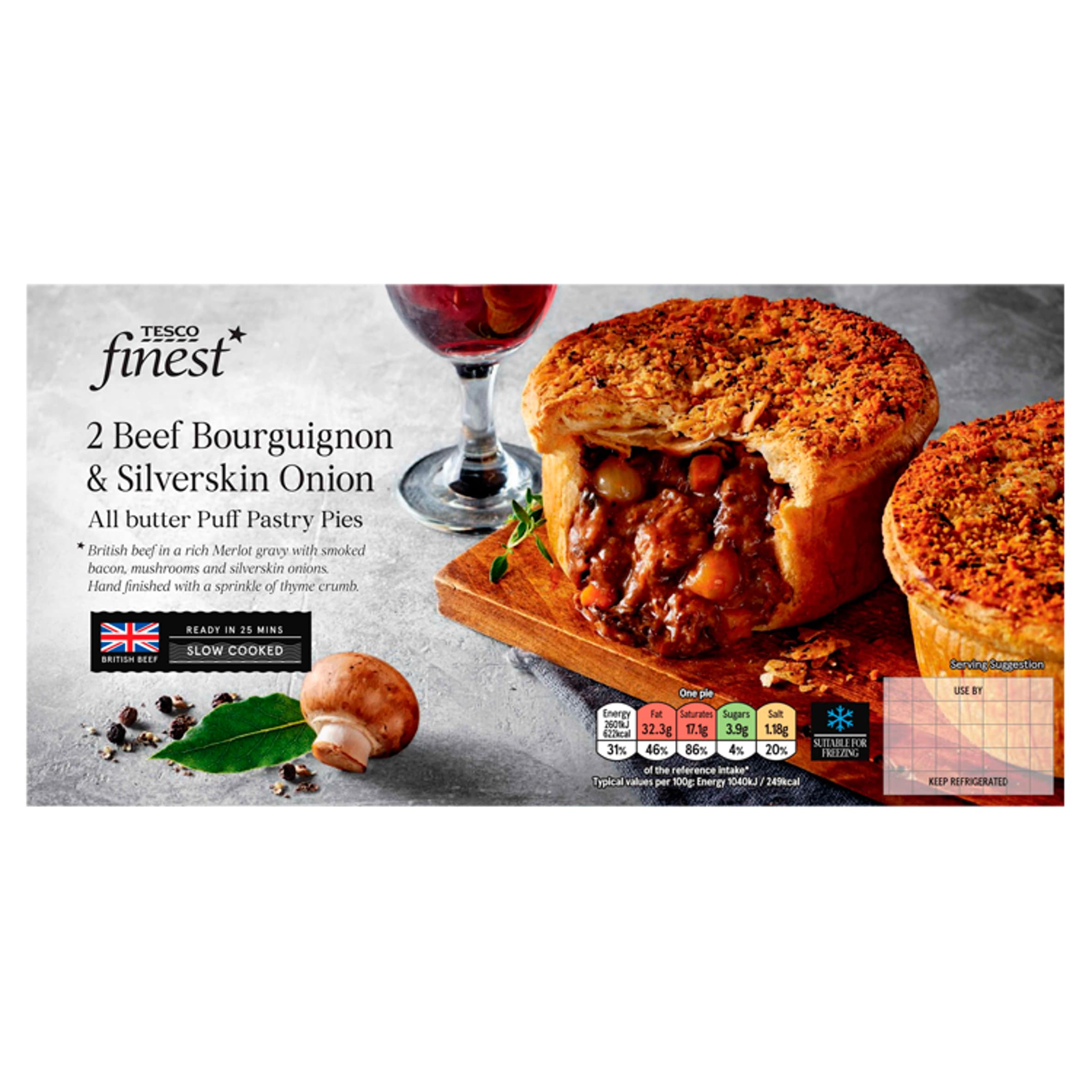 Tesco Finest 2 Beef Bourguignon & Silverskin Onion Pies 500g