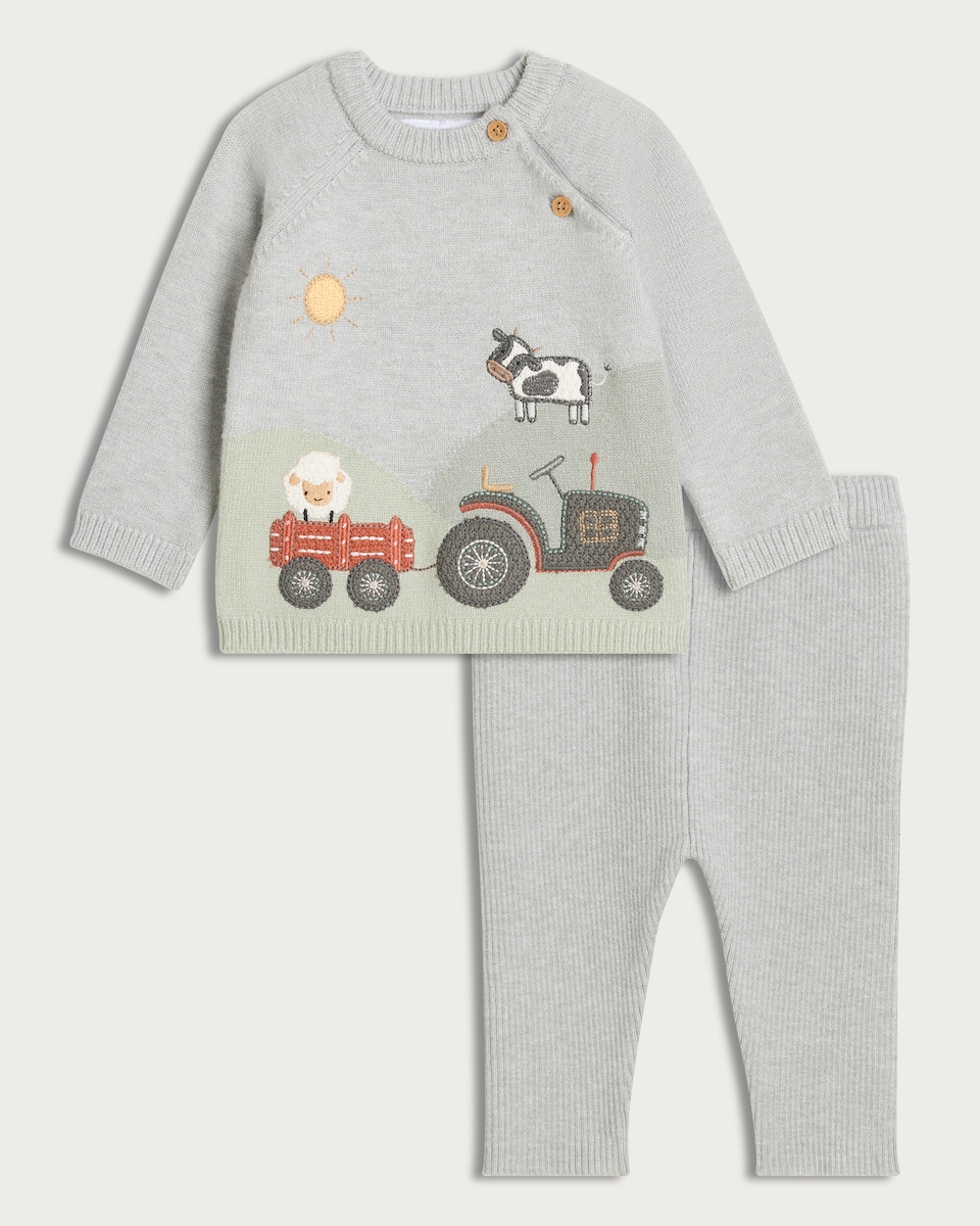 image 1 of F&F Baby 2-Piece Knitted Farmyard Print Jumper and Joggers Set in Grey Marl