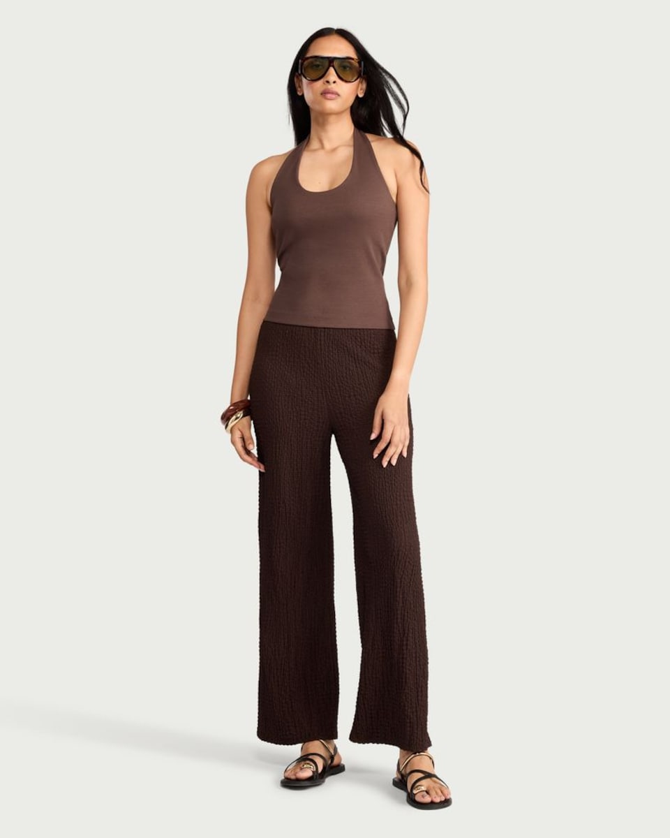 image 1 of F&F Cotton Rich Halter Neck Top in Brown