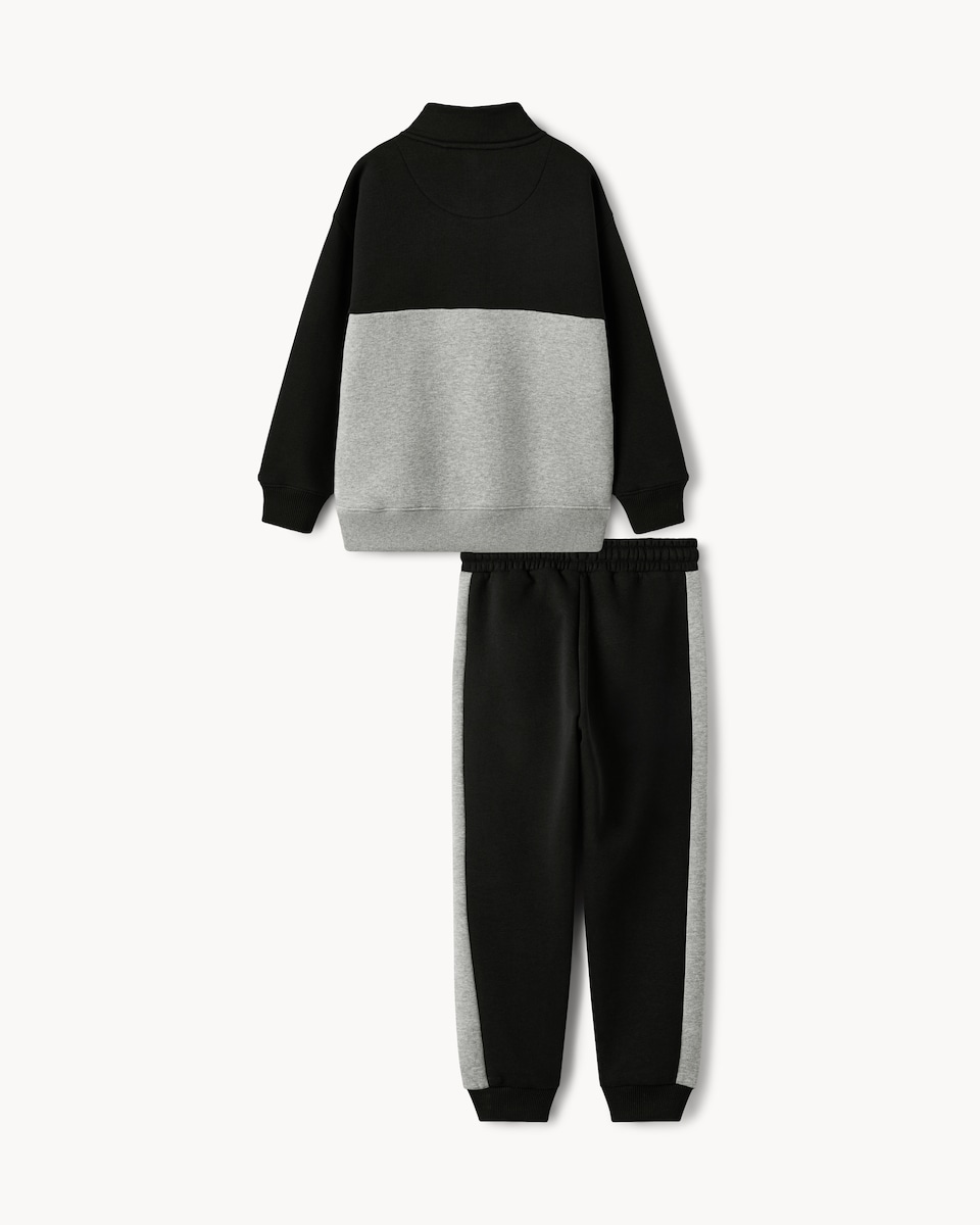 image 1 of F&F Boys Cotton Rich Colour Block Half Zip Sweatshirt and Joggers Set in Black