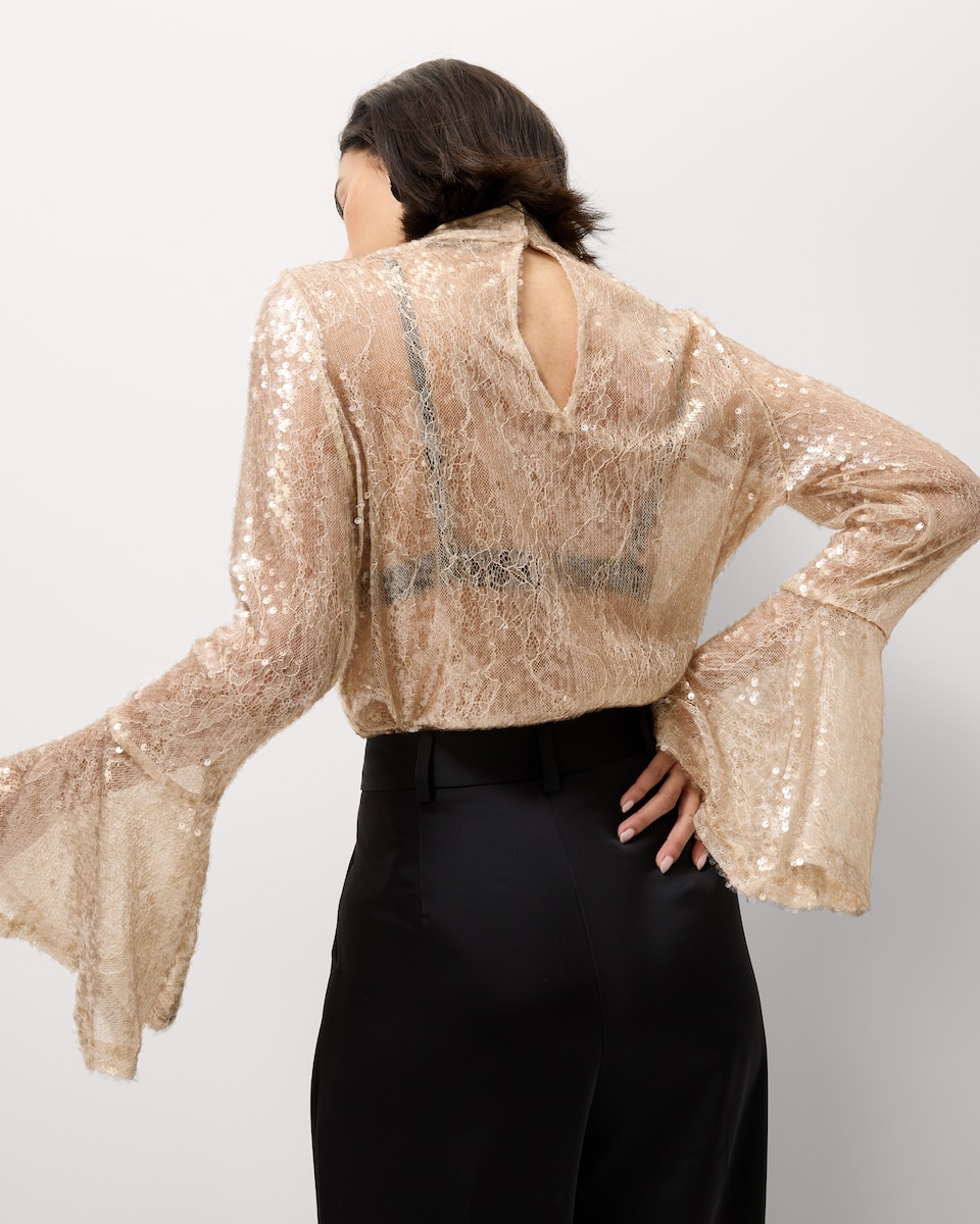 image 1 of F&F Sequin Lace High Neck Blouse in Neutral