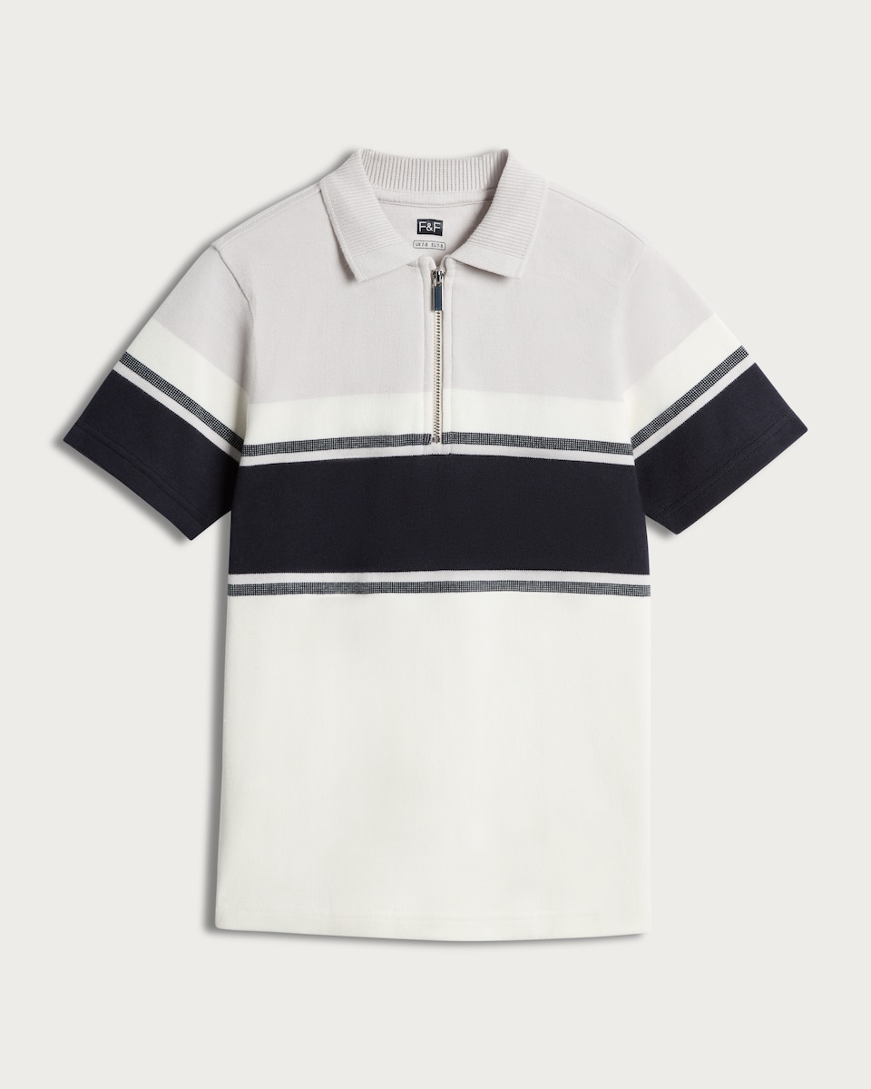 image 1 of F&F Boys Cotton Rich Colour Block Half Zip Polo Top in Med Nude
