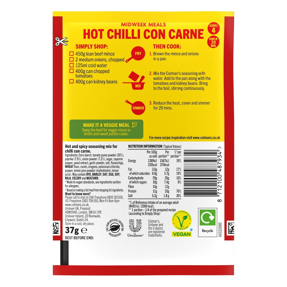 image 1 of Colman's Hot Chilli Con Carne Recipe Mix 37G