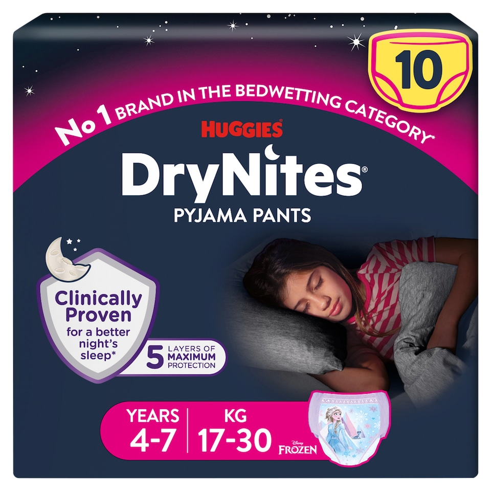 image 1 of Huggies DryNites Bedwetting Pyjama Nappy Pants Girls 4-7Yr x10
