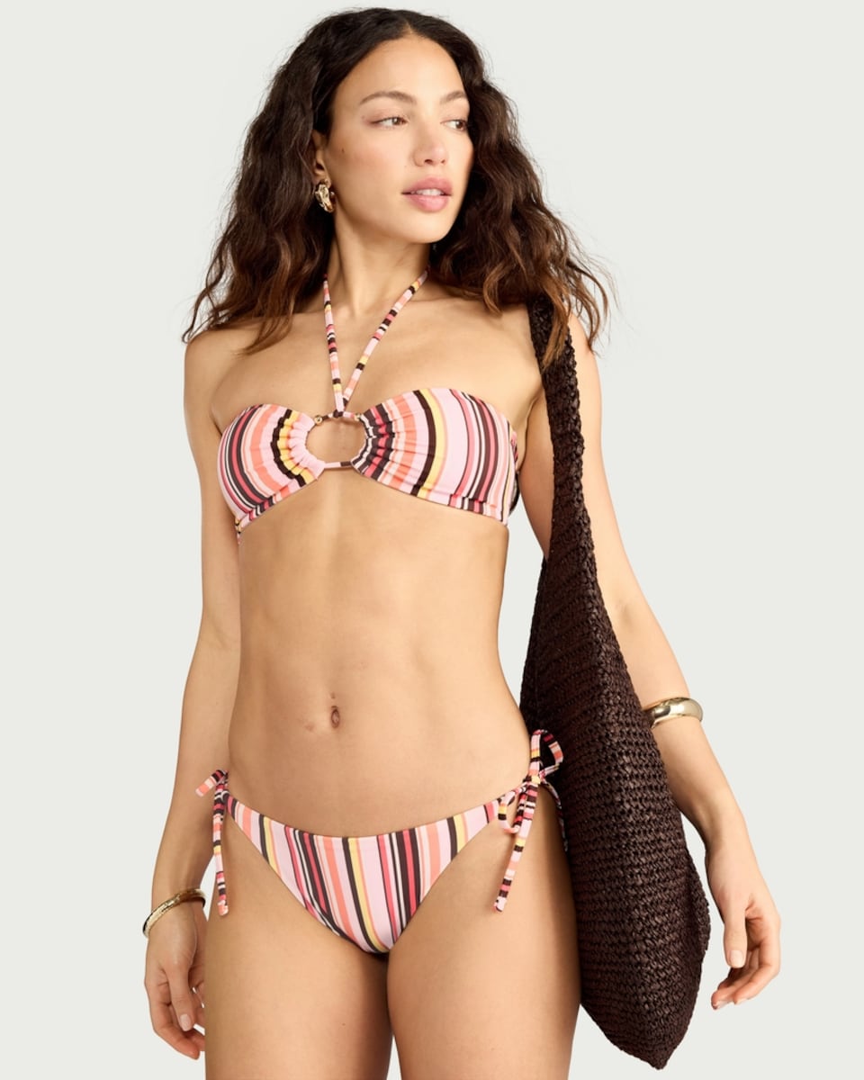 image 1 of F&F Striped Tie Side Bikini Bottoms in Multi Pink