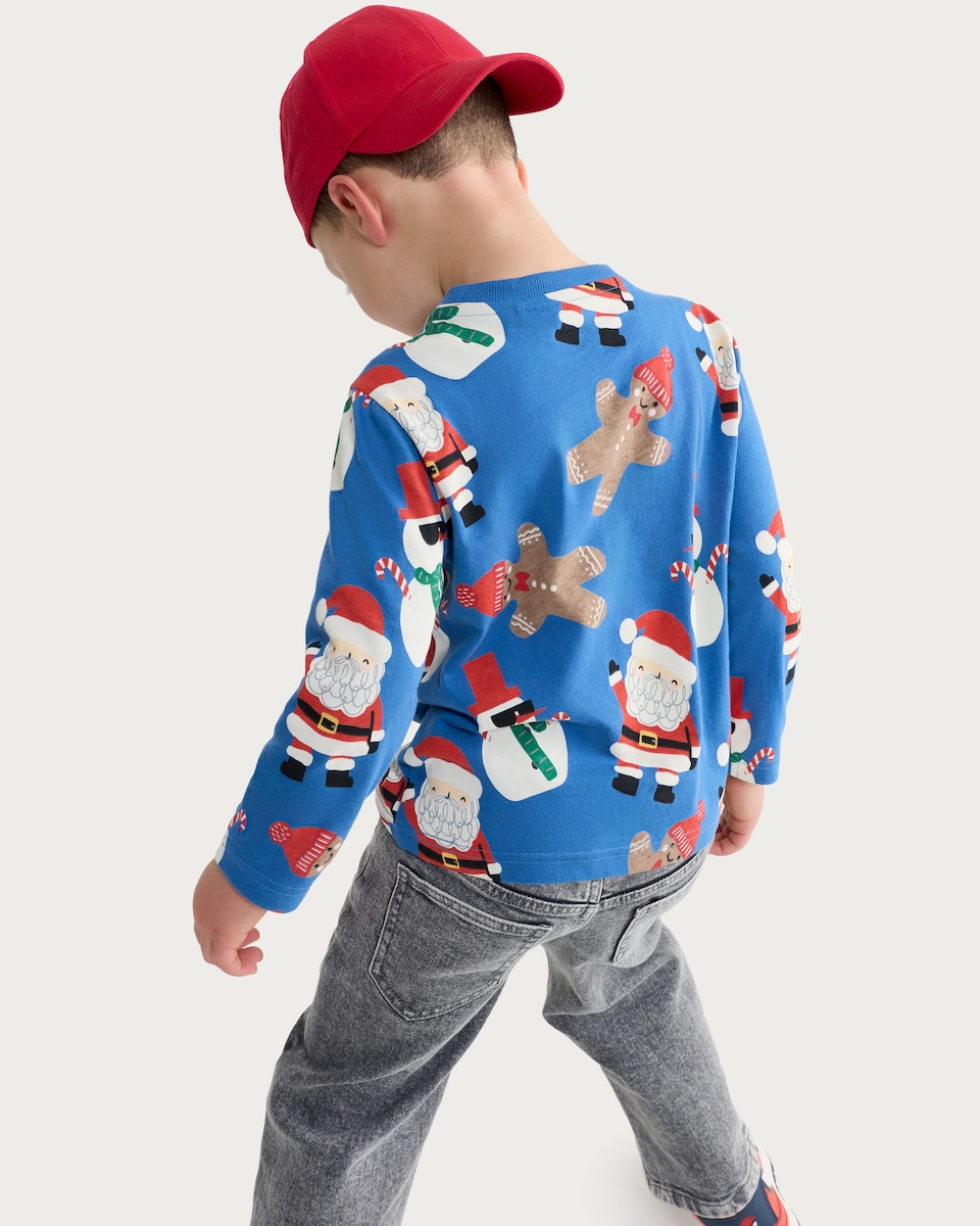 image 1 of F&F Boys Pure Cotton Christmas Printed T-Shirt in Blue