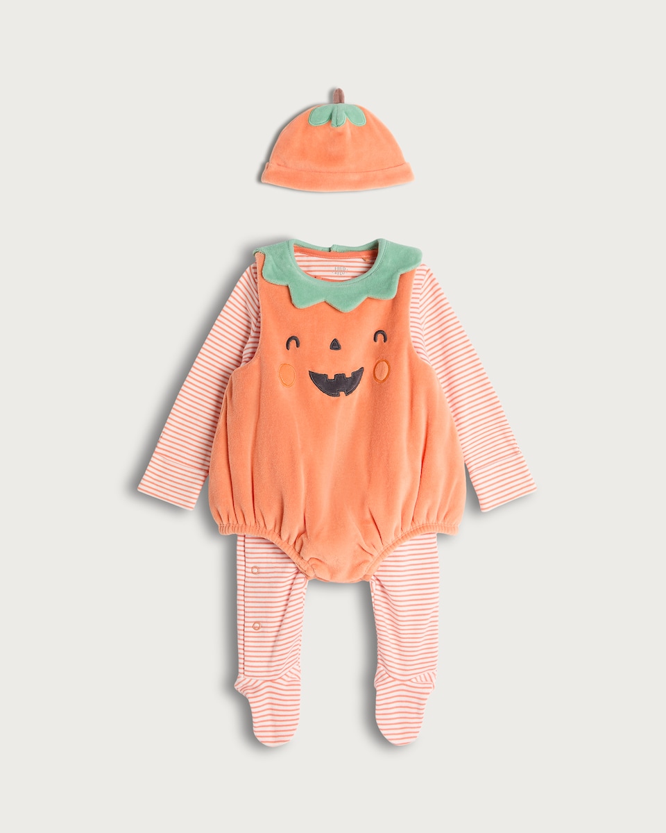 image 1 of F&F Baby 2-Piece Cotton Rich Pumpkin Face Stripe Print Costume and Hat Set in Amber
