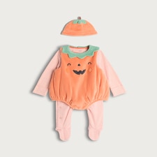 F&F Baby 2-Piece Cotton Rich Pumpkin Face Stripe Print Costume and Hat Set in Amber