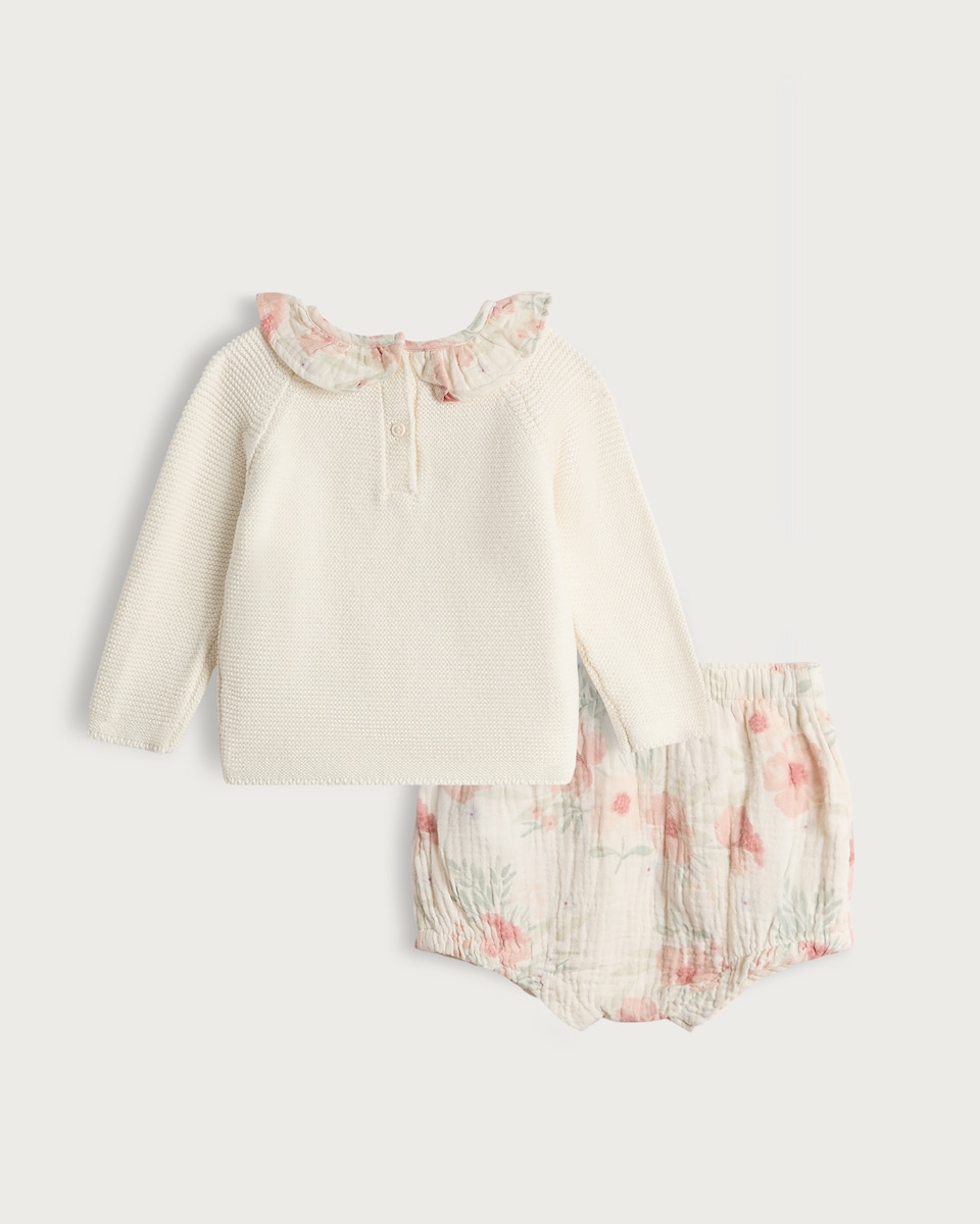 image 1 of F&F Baby 2-Piece Pure Cotton Floral Jumper and Bloomers Set in White