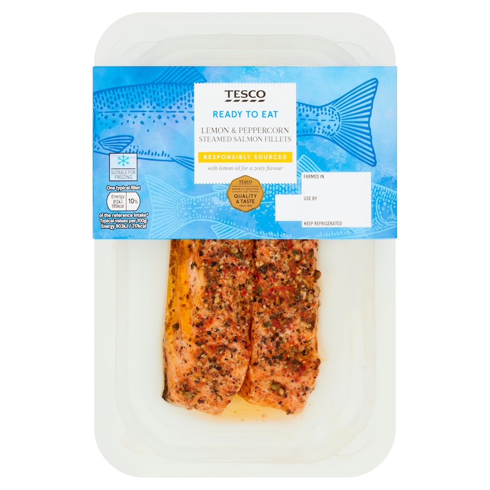 Tesco Ready To Eat 2 Lemon & Peppercorn Steamed Salmon Fillets 180G