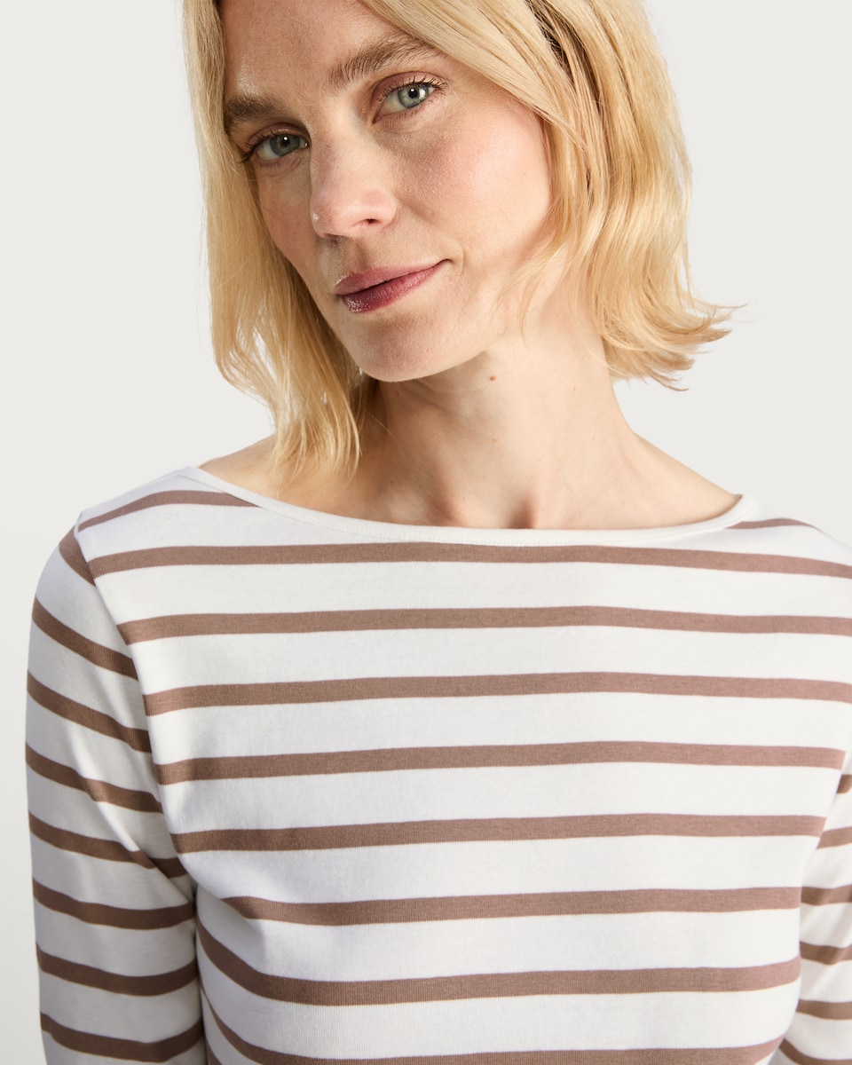 image 1 of F&F Pure Cotton Striped Boat Neck Top in Multi Brown