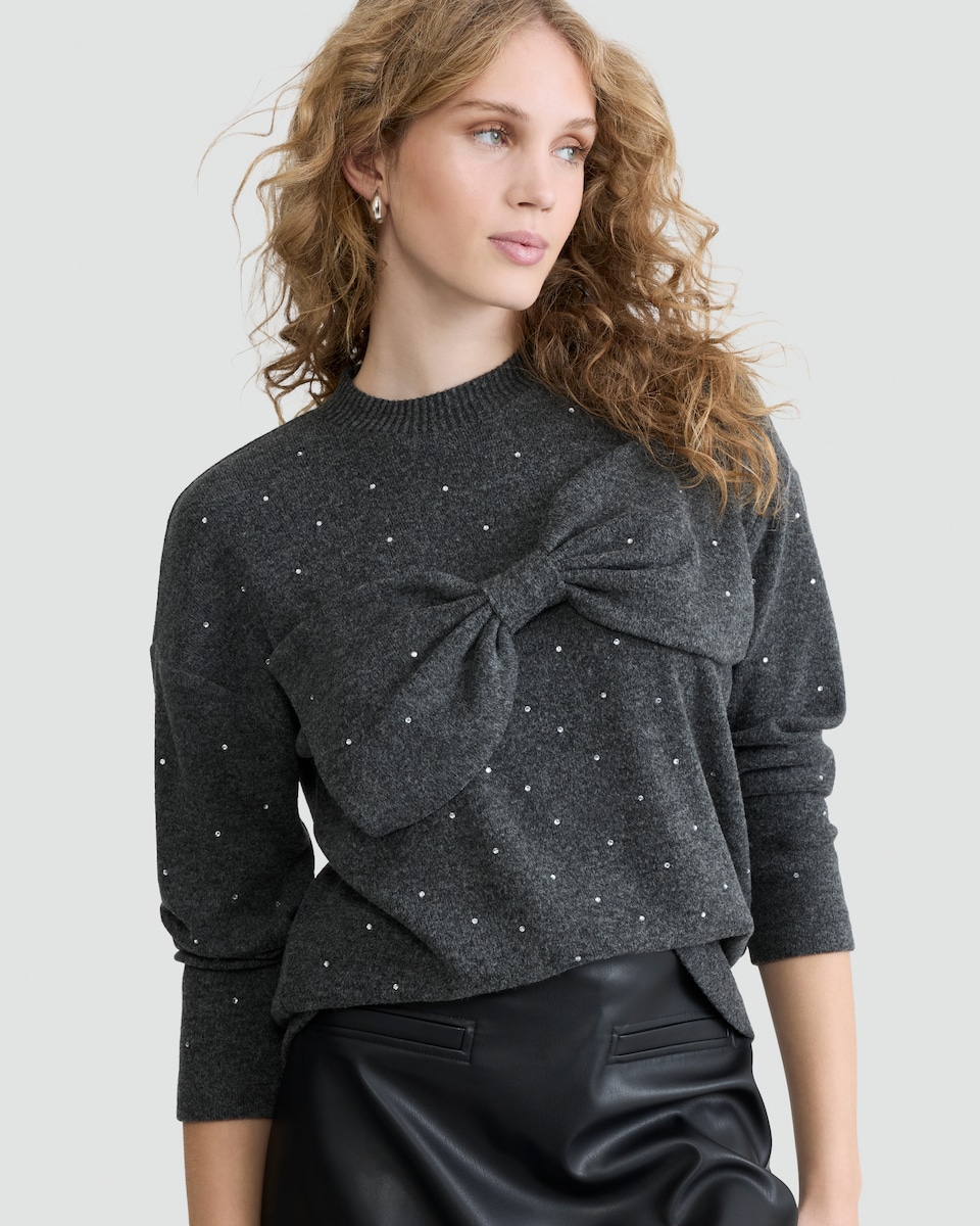 image 1 of F&F Bow Detail Diamanté Embellished Jumper in Grey