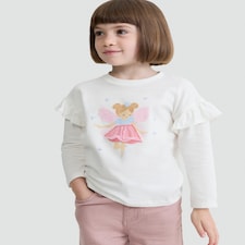 F&F Girls Pure Cotton Fairy Print Long Sleeved Top in Cream